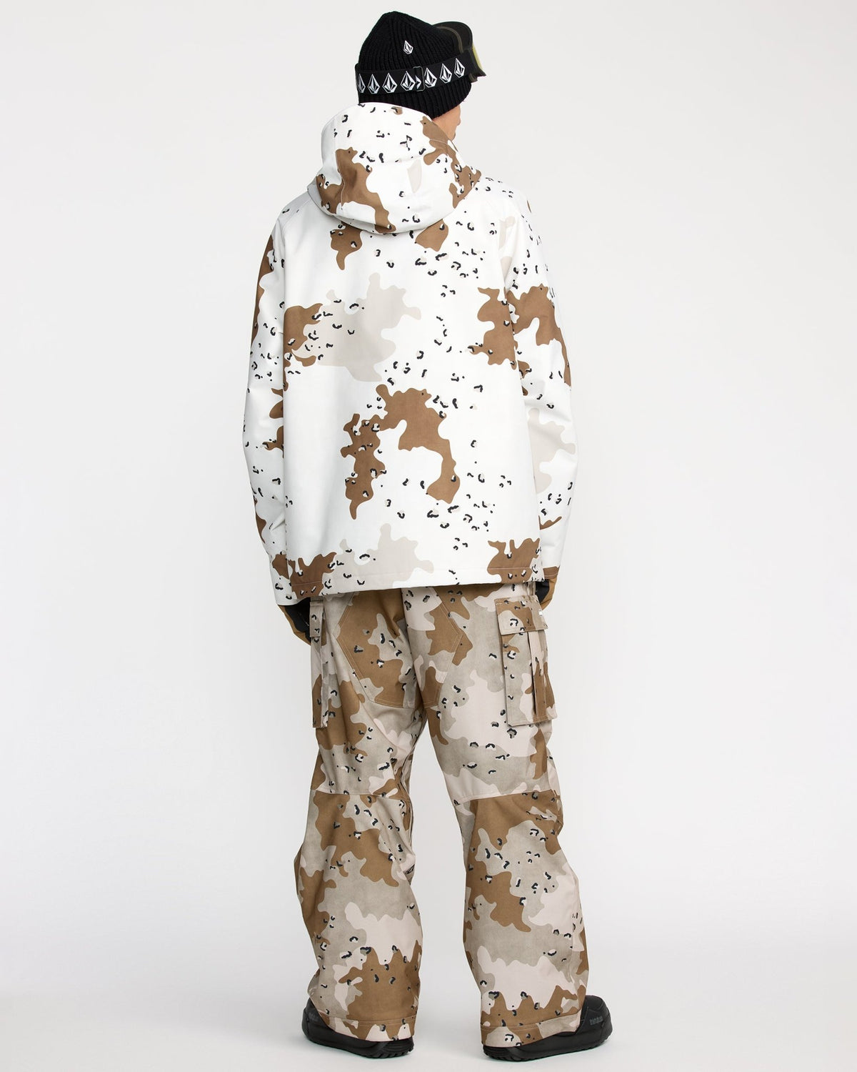 Men's insulated snow jacket with matching camo pants, shown from rear on male model