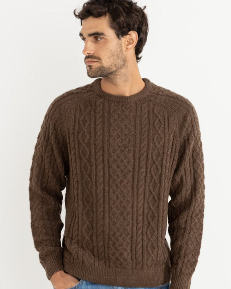 Model wearing mohair fishing knit jumper in chocolate