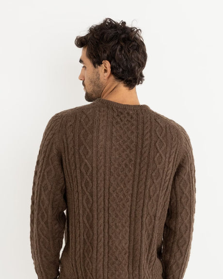 Back of Model wearing mohair fishing knit jumper with casual outfit