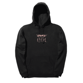 Black pullover hoodie with pink Stance graphic logo and hanging figures on chest