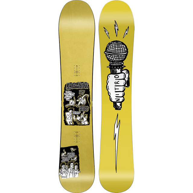 Nitro Alternator 157cm yellow snowboard showing top and base with punk graphic art