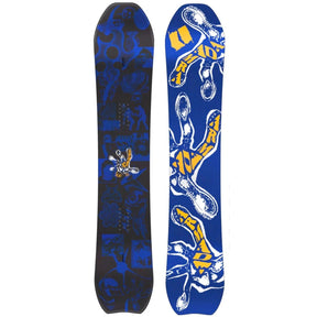 Armada Sicko snowboard top and base views, blue graphic with white hand design