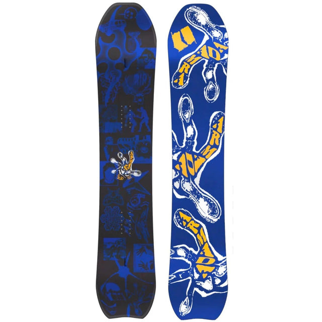 Armada Sicko snowboard top and base views, blue graphic with white hand design