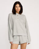 Women's gray heather fleece henley sweatshirt with button placket and relaxed fit