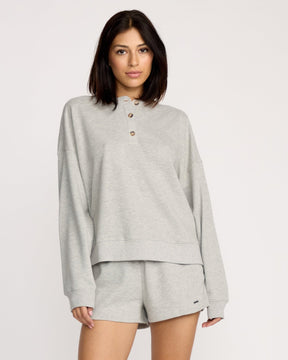 Women's gray heather fleece henley sweatshirt with button placket and relaxed fit