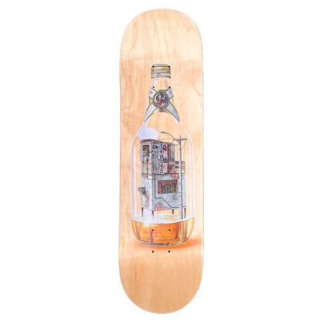 Natural maple skateboard deck with illustrated liquor bottle containing miniature building artwork