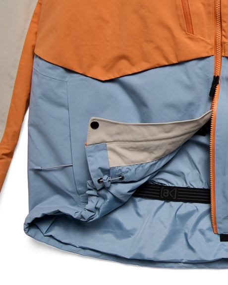 Burton AK Swash insulated jacket detail showing powder skirt, hem cinch, and pass clip