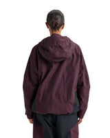 Women's relaxed fit pullover anorak with hood shown from the back on a model