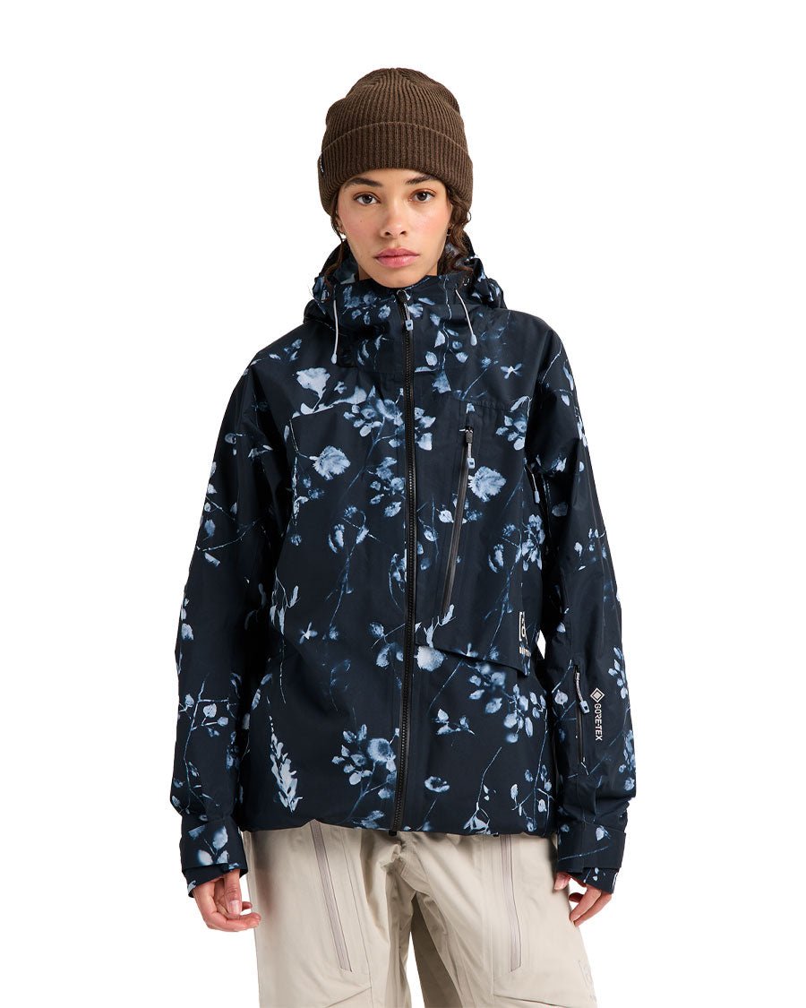 Women's Gore-Tex snowboard jacket with hooded design and botanical floral print pattern