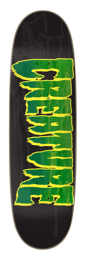 Creature Logo Spray skateboard deck black with green and yellow distressed lettering