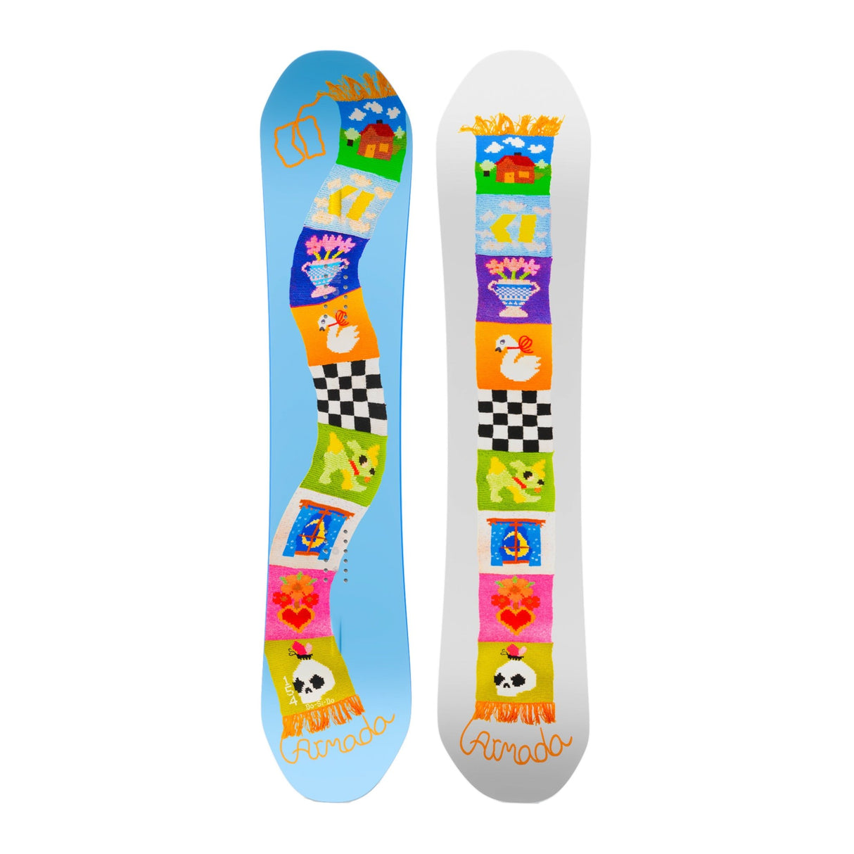 Armada Do-Si-Do snowboard top and base views with colorful patchwork tapestry graphic