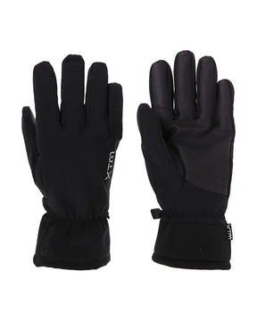 XTM black softshell gloves showing back and palm views with grip texture
