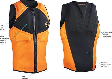 Orange and black neoprene impact vest with front zipper, high flotation panels, and harness design