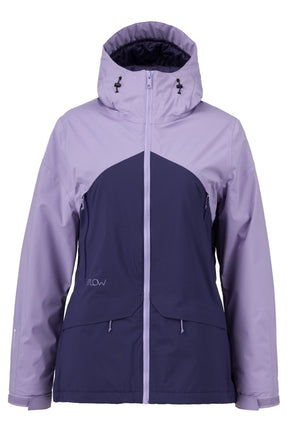 Flylow women's ski jacket with color-block design, hood, and multiple zip pockets