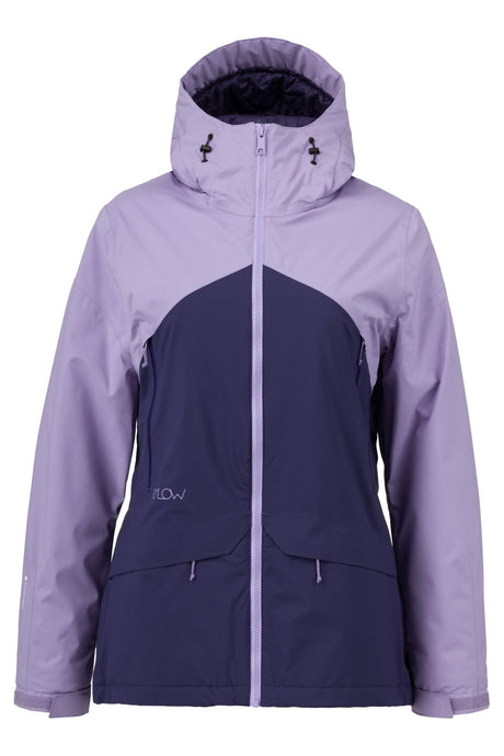 Flylow women's ski jacket with color-block design, hood, and multiple zip pockets