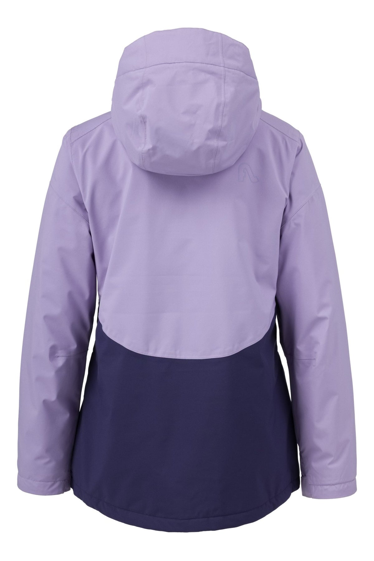 Women's two-tone ski jacket with hood, colorblock design, rear view shown