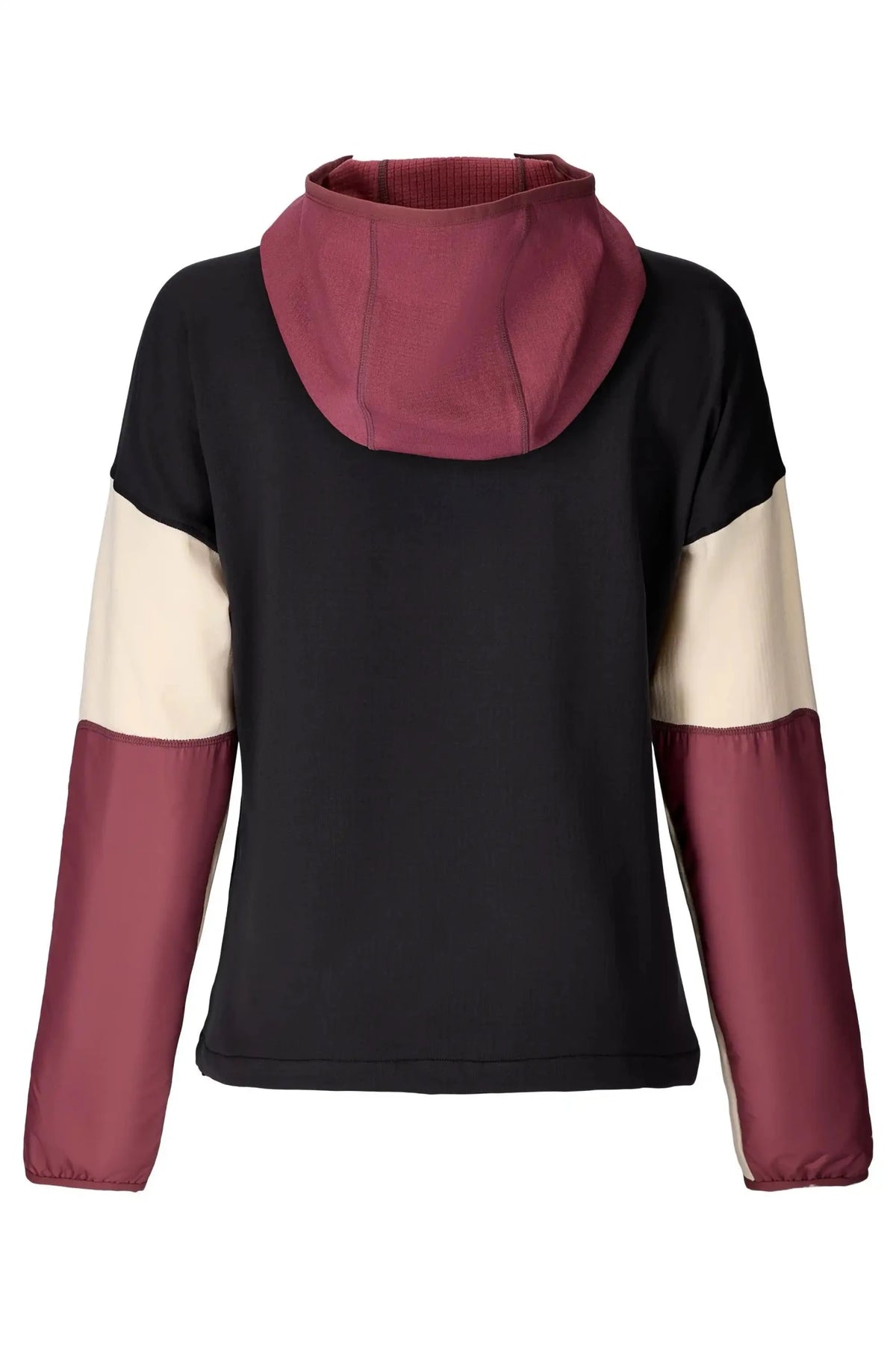 Women's color-block pullover hoodie with contrast sleeve panels and relaxed fit, back view