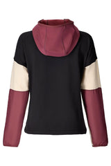 Women's color-block pullover hoodie with contrast sleeve panels and relaxed fit, back view