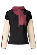Women's colorblock pullover hoodie with half-zip, hood, and contrast sleeve panels