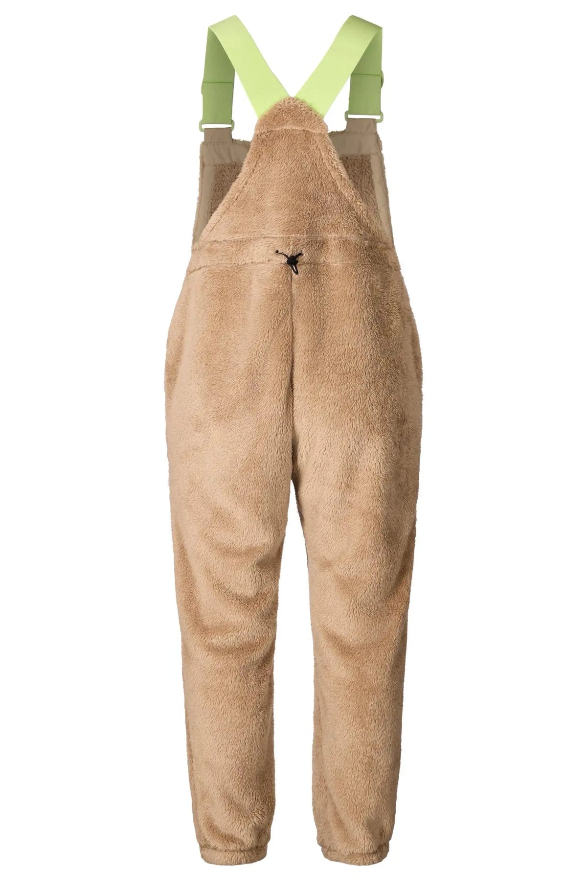 Women's fleece bib overall with neon green adjustable straps and tapered leg fit