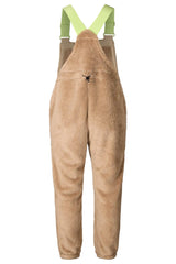 Women's fleece bib overall with neon green adjustable straps and tapered leg fit