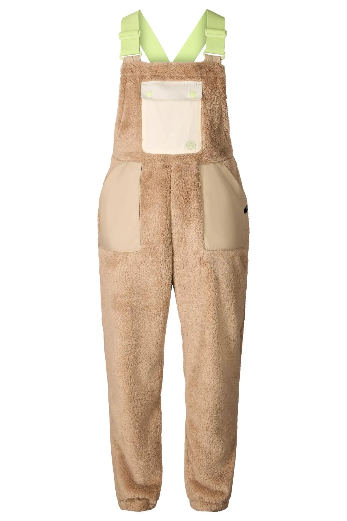 Women's sherpa fleece bib overall with contrast panels, chest pocket, and adjustable straps