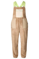 Women's sherpa fleece bib overall with contrast panels, chest pocket, and adjustable straps