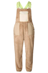 Women's sherpa fleece bib overall with contrast panels, chest pocket, and adjustable straps