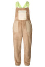 Women's sherpa fleece bib overall with contrast panels, chest pocket, and adjustable straps
