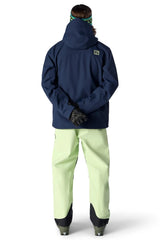 Men's ski jacket in navy blue shown from behind with matching snow pants and gloves