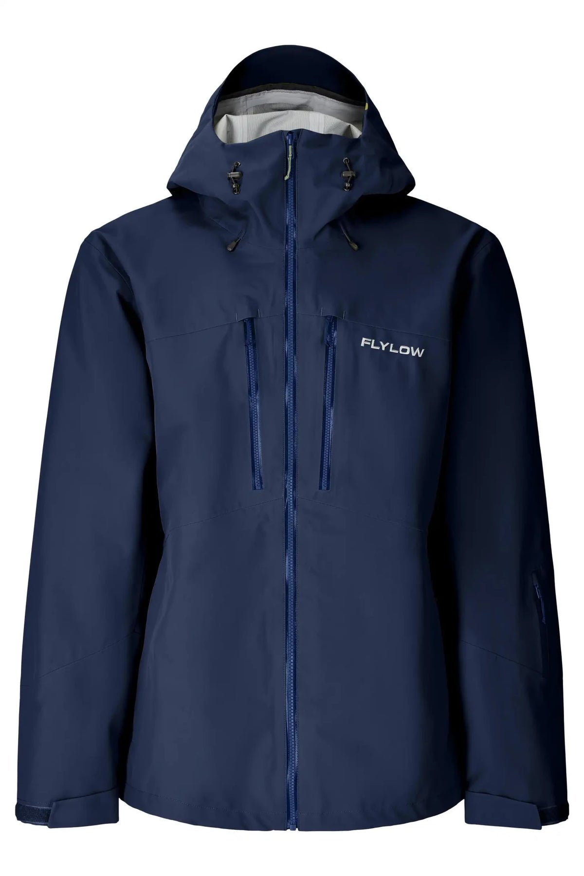 Flylow men's hooded hardshell ski jacket with chest pockets and front zip closure