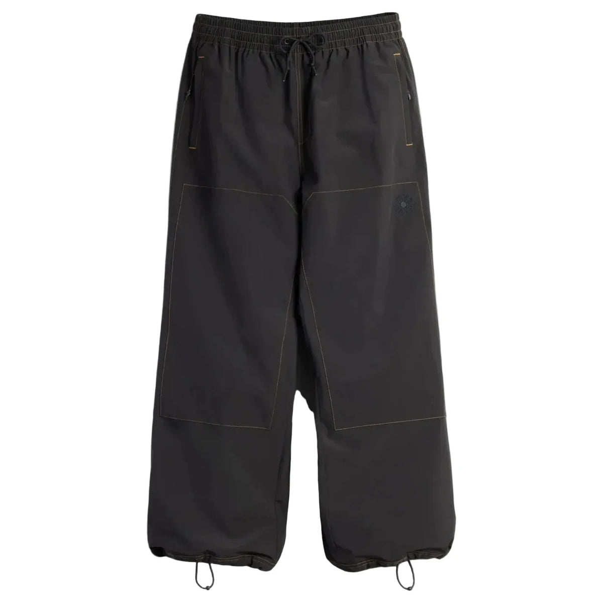 Wide-leg drawstring pants with contrast stitching, cargo pockets, and ankle cinch cords.