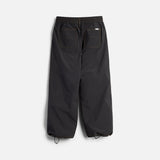 Wide-leg relaxed fit pants with elastic waistband, back patch pockets, and cinched ankles
