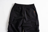 Men's cargo pants with elastic waistband, back pockets, and side cargo pockets