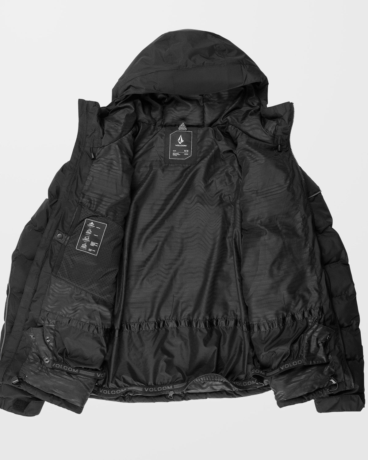 Volcom men's insulated hooded jacket shown open displaying quilted lining and interior pockets