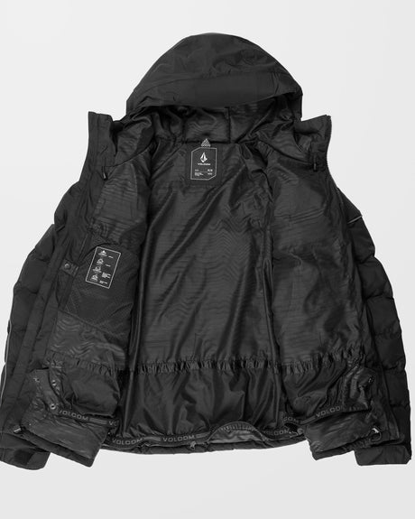 Volcom men's insulated hooded jacket shown open displaying quilted lining and interior pockets