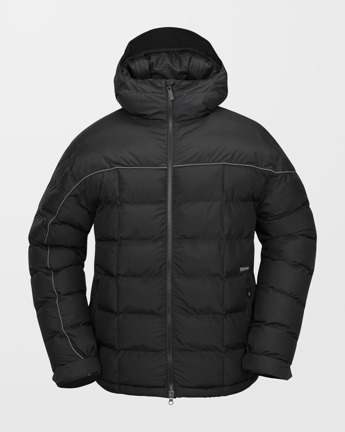 Volcom men's quilted puffer jacket with attached hood and front zip closure