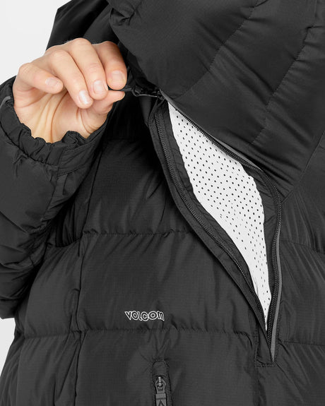 Volcom puffer jacket detail showing ventilation zip opening and quilted stitching pattern