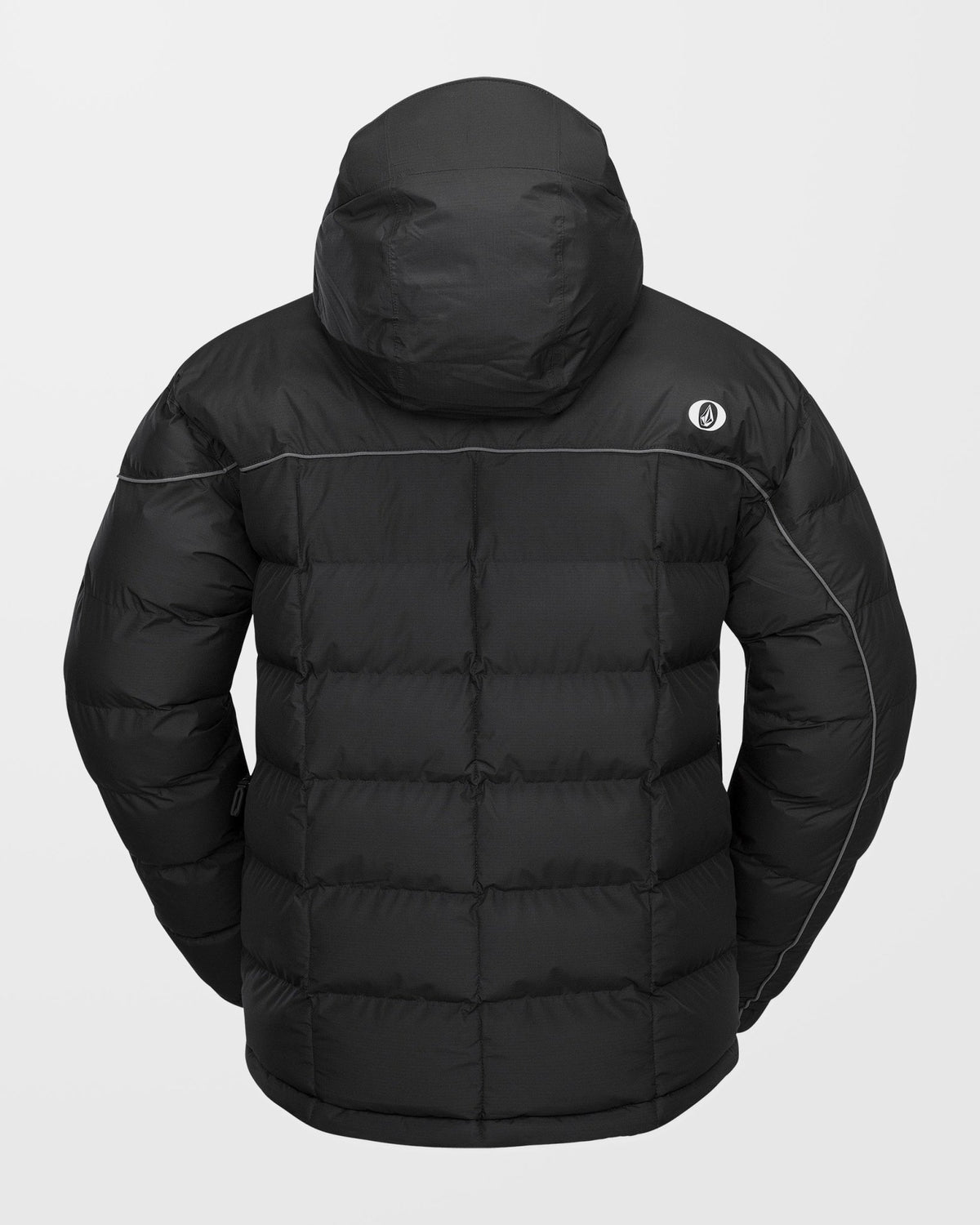 Volcom men's quilted puffer jacket with hood, shown from the back view