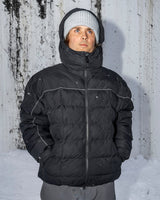 Men's insulated puffer jacket with hood, reflective piping, and front zip closure