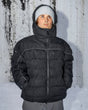 Men's insulated puffer jacket with hood, reflective piping, and front zip closure