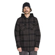 Men's insulated plaid flannel shirt jacket with attached hood and chest pockets