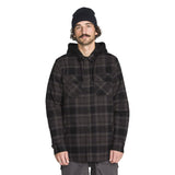Men's insulated plaid flannel shirt jacket with attached hood and chest pockets