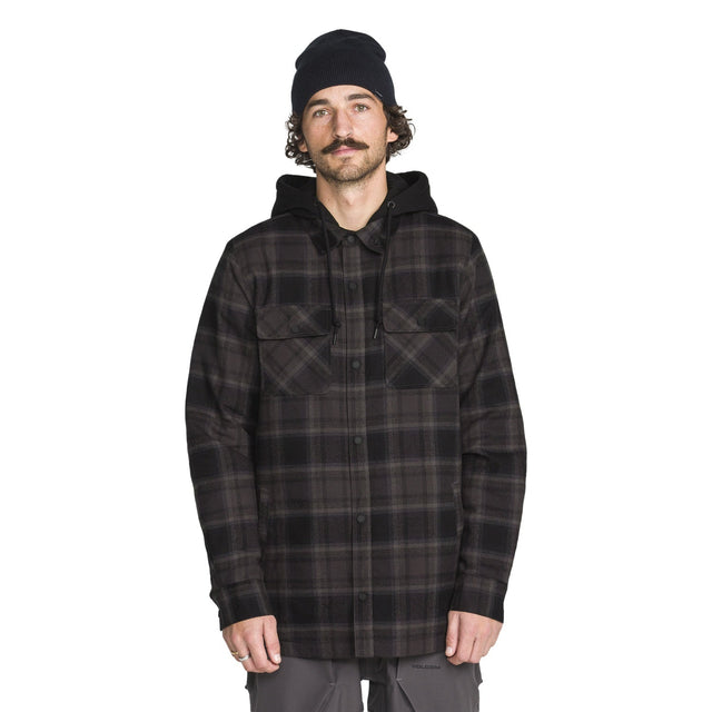 Men's insulated plaid flannel shirt jacket with attached hood and chest pockets
