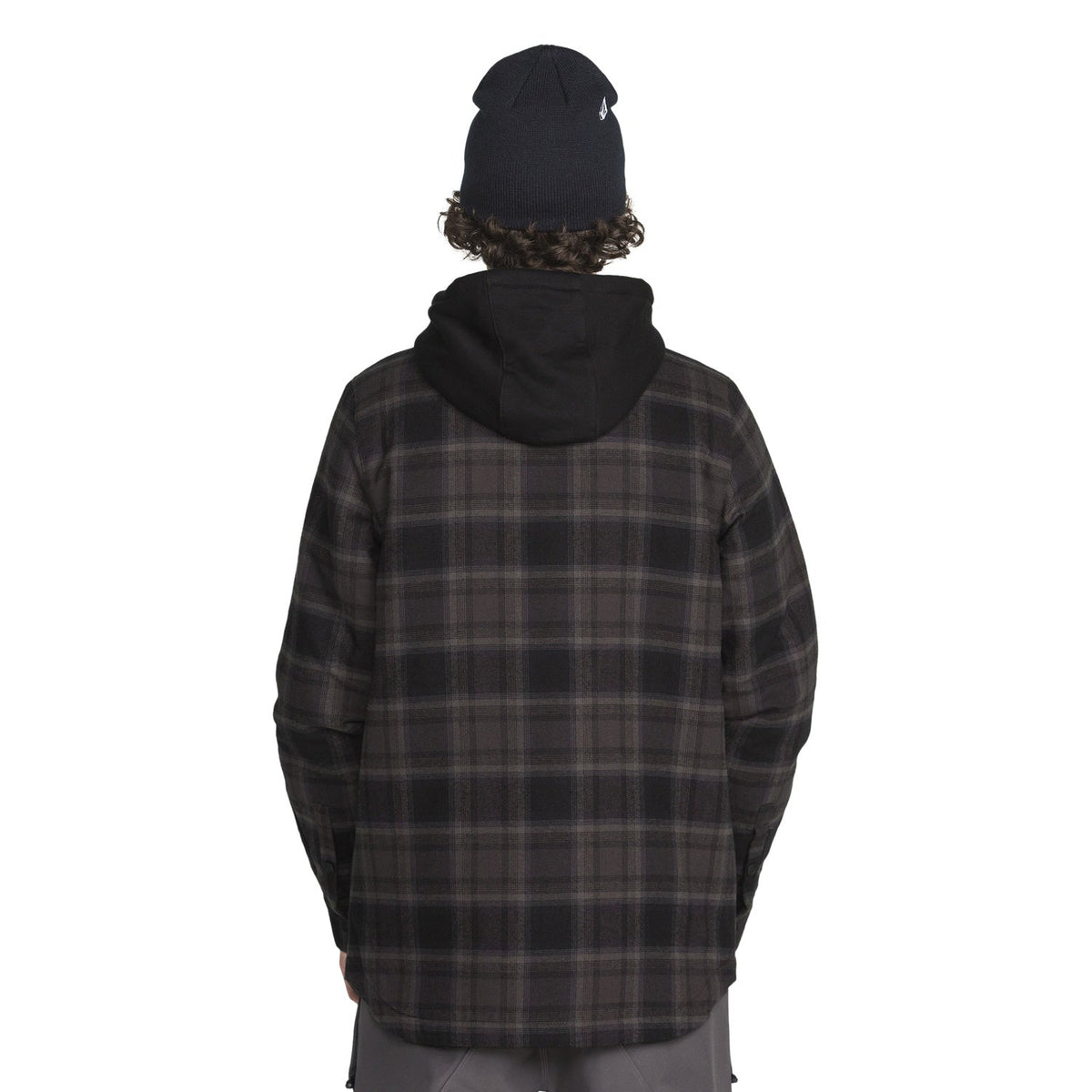 Men's insulated hooded flannel riding shirt jacket shown from the back on a model