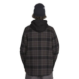Men's insulated hooded flannel riding shirt jacket shown from the back on a model