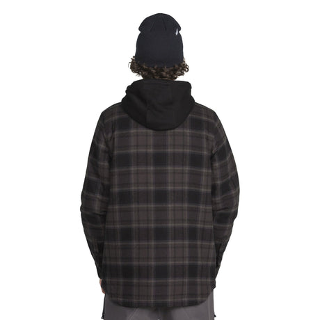 Men's insulated hooded flannel riding shirt jacket shown from the back on a model