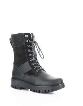 Bos & Co black leather and suede lace-up mid combat boot with wool collar and lug sole