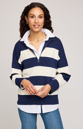 Navy and cream wide stripe quarter-zip pullover sweater with ribbed cuffs and hem