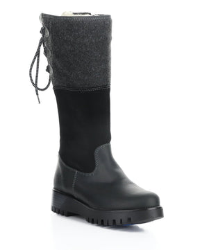 Bos&Co tall black leather winter boot with gray wool cuff and lug sole